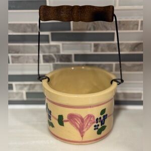 Vintage Roseville Hearts & Flowers Basket Wood Handle Alpine Pottery Ohio 1987